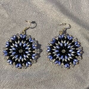 Elegant Black and Blue Handmade Beaded Earrings